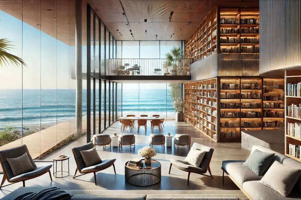 DALL·E 2025-02-05 21.36.13 - A modern seaview library with large glass windows overlooking the ocean. The library has a sleek, contemporary design with wooden and metallic element